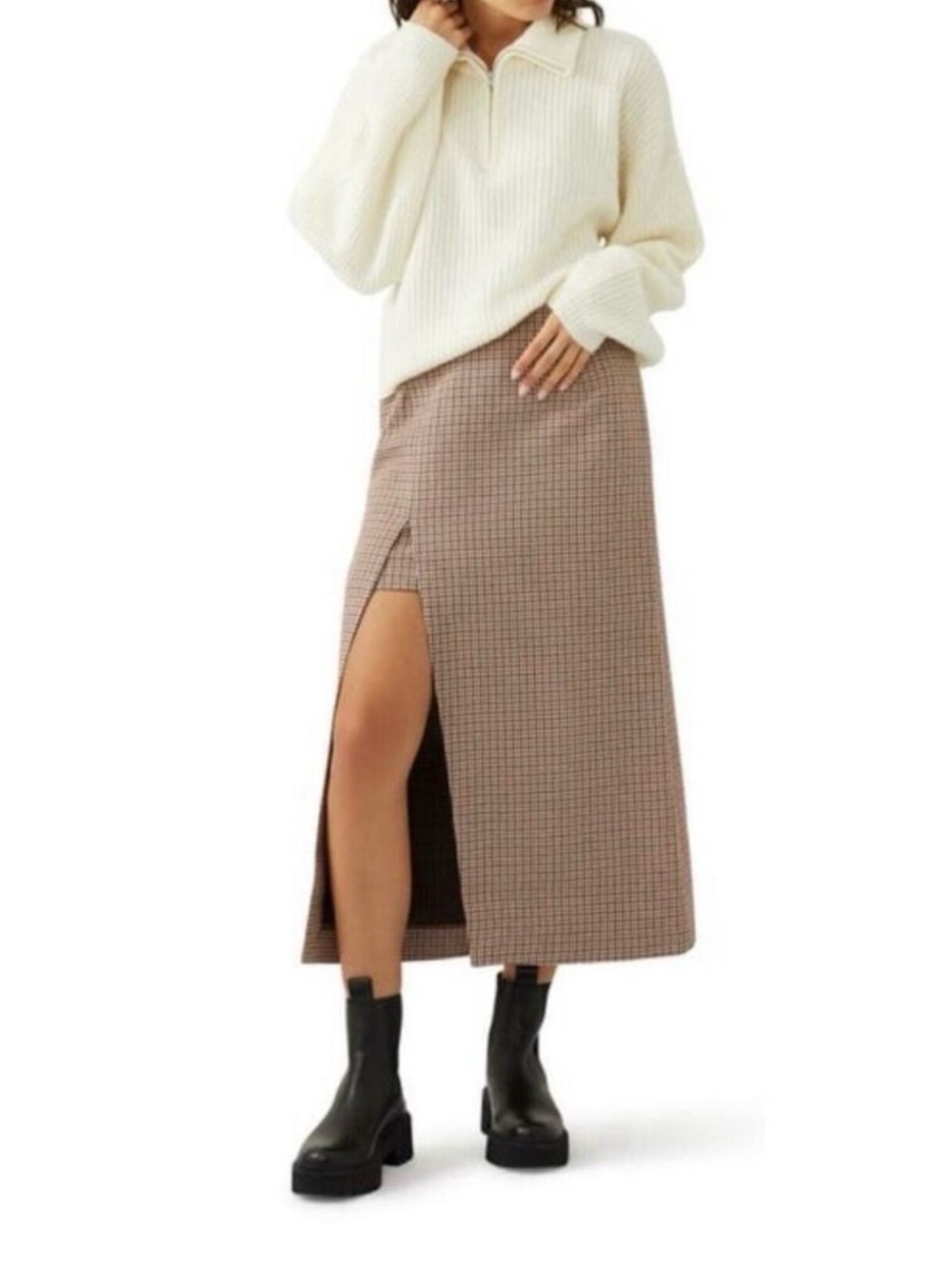 Maje Tweed Houndstooth Pencil Skirt in Rust, Cream & Berry